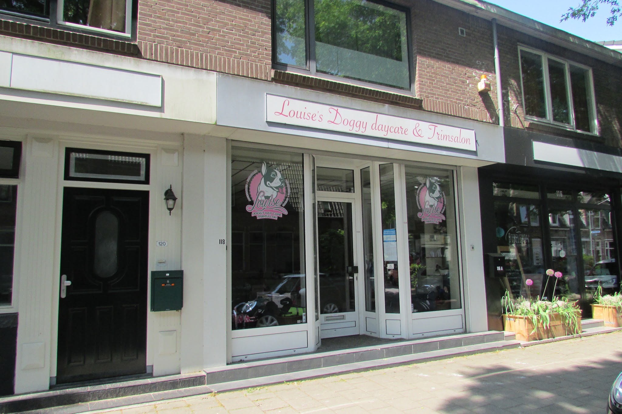 De winkelpui van Louise’s Doggycare & Trimsalon aan de Hilvertsweg, met de roze naam op het bord en de bulldog op de ramen