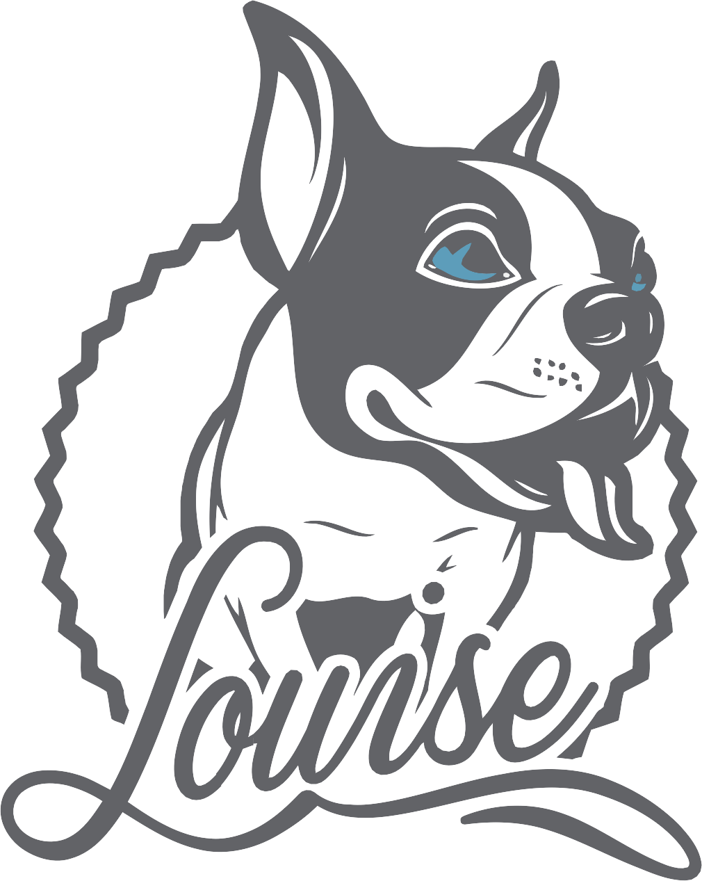 Logo van Louise’s Doggycare & Trimsalon: een bulldog boven het woord Louise